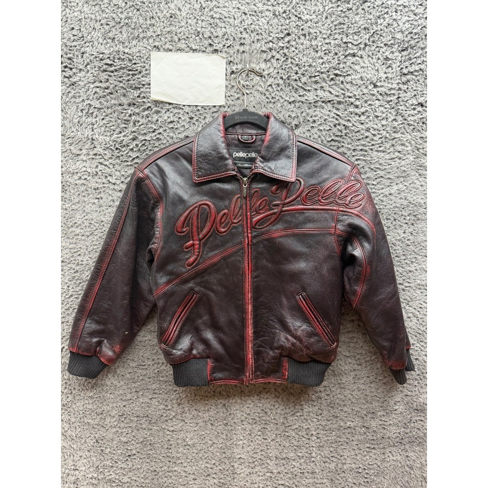 Vintage Y2k Pelle Pelle Full Zip Two Tone Leather Jacket Black Red Kids Size 8